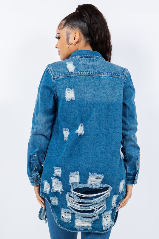 American Bazi Distressed Button Up Long Sleeve Denim Jacket Tops/Jackets/Sweaters American Bazi Clothing Tops Ship from USA TikTok Trendsi USPS Walmart Trendsi https://www.cyberehub.com