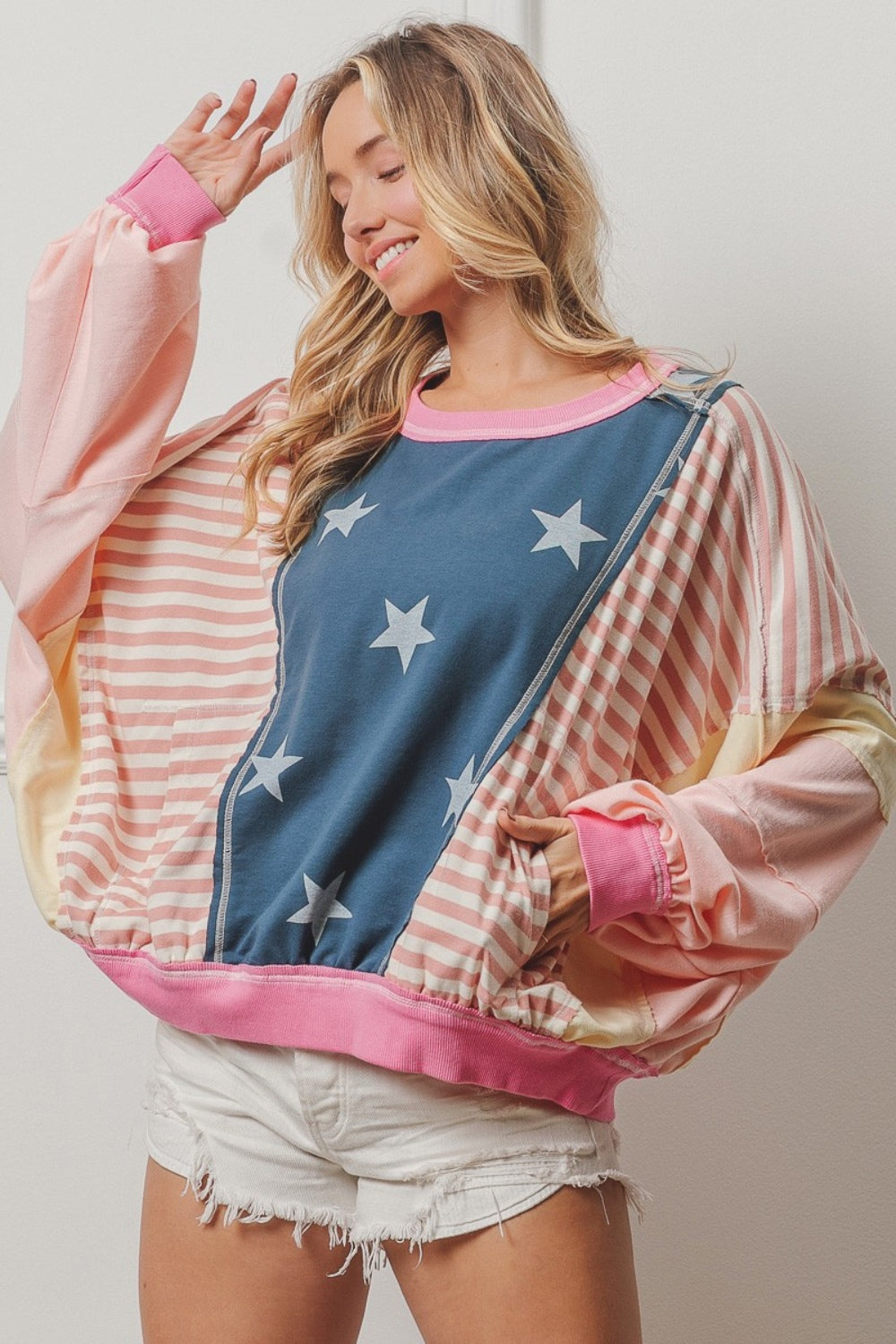 BiBi Stars and Stripes Round Neck Long Sleeve Top Blush Multi Tops/Jackets/Sweaters BiBi Clothing Tops Ship from USA TikTok Trendsi USPS Walmart Trendsi https://www.cyberehub.com