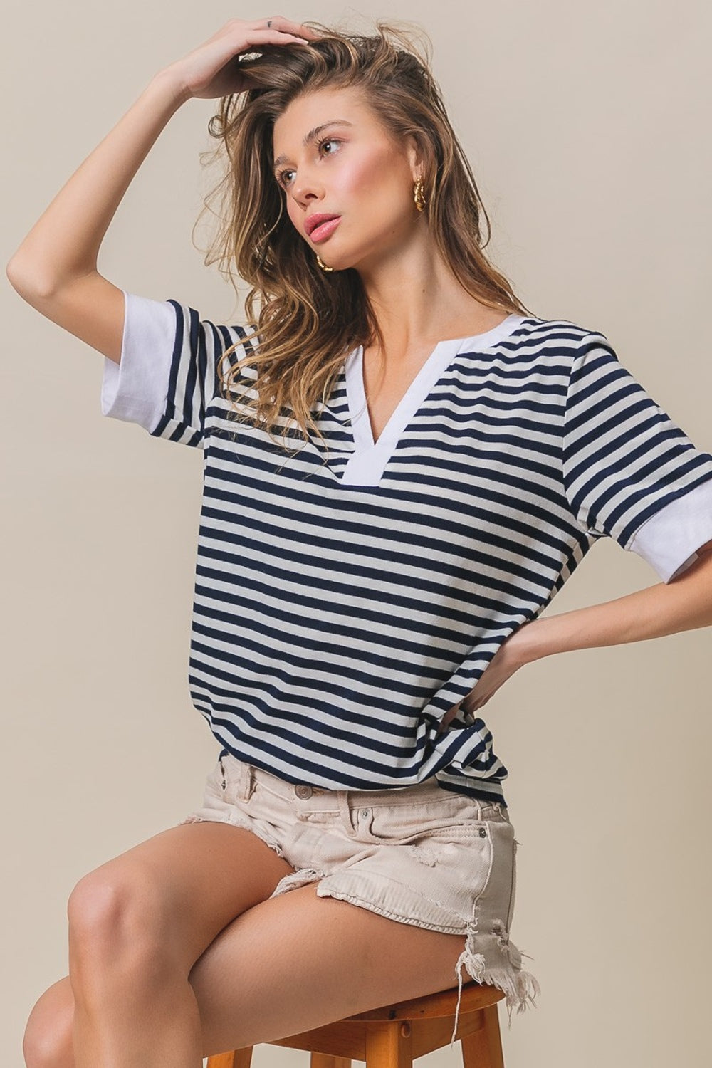 BiBi Contrast Striped Notched Knit Top Shirt Apparel BiBi Clothing Tops Ship from USA Shirts USA Women Trendsi https://www.cyberehub.com
