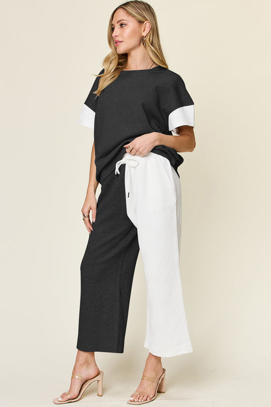 Double Take Full Size Texture Contrast T-Shirt and Wide Leg Pants Set Apparel/Tops Double Take Ship from USA TikTok Tops Trendsi USPS Walmart Walmart Apparel Trendsi https://www.cyberehub.com