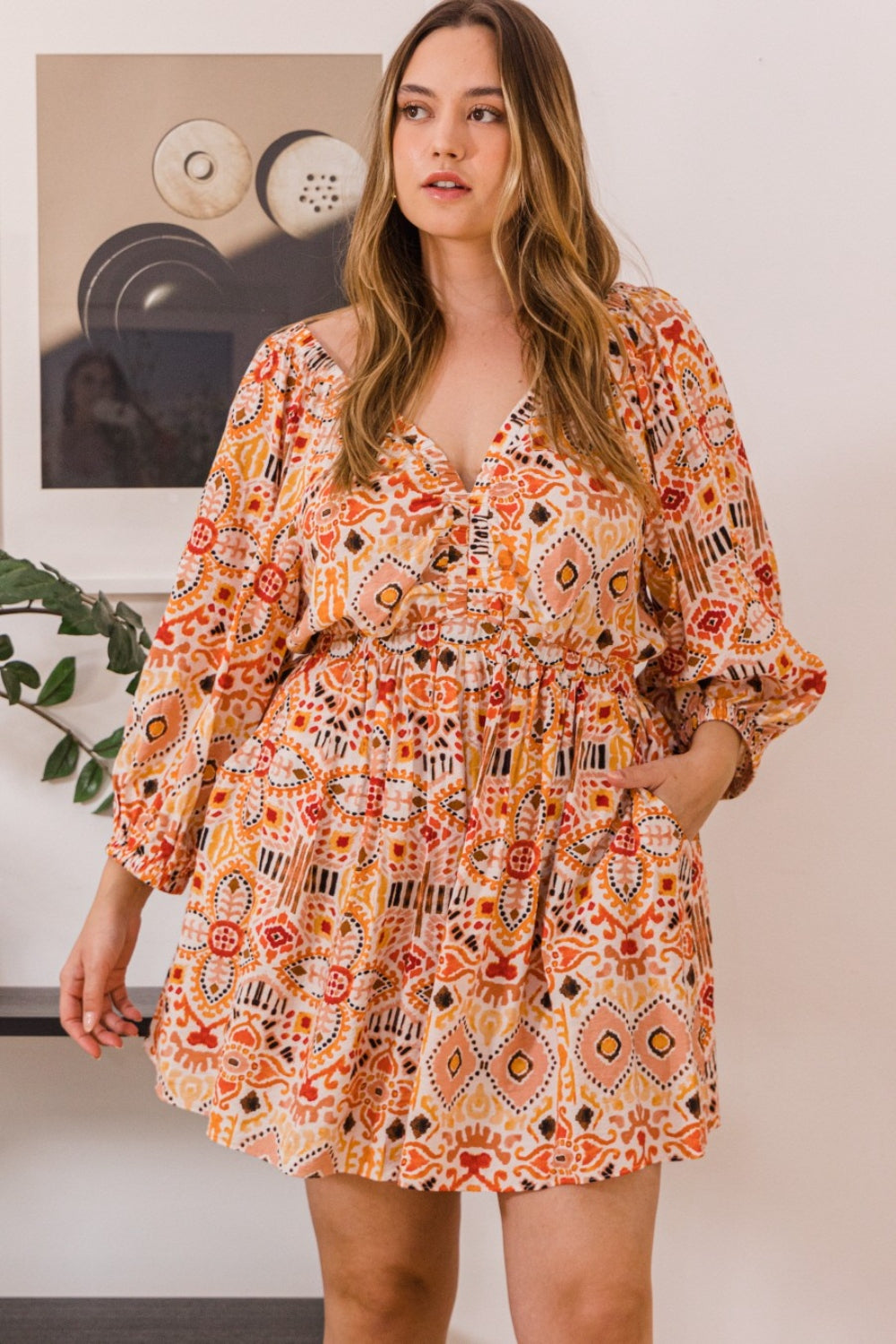 ODDI Full Size Printed Ruff Sleeve Romper with Pockets Apparel/Tops ODDI Ship from USA TikTok Tops Trendsi USPS Walmart Walmart Apparel Trendsi https://www.cyberehub.com