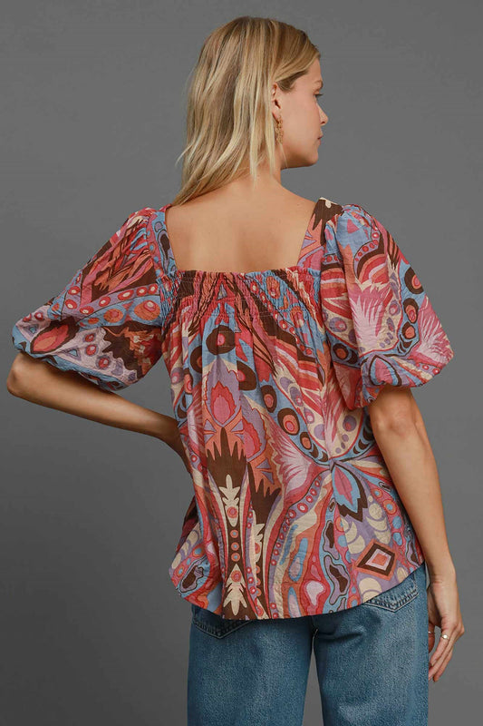 Umgee Full Size Abstract Print Smocked Square Neck Puff Sleeve Blouse Apparel/Tops Ship from USA TikTok Tops Trendsi Umgee USA USPS Walmart Walmart Apparel Trendsi https://www.cyberehub.com