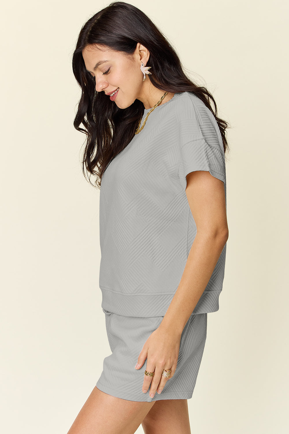 Double Take Full Size Texture Short Sleeve T-Shirt and Drawstring Shorts Set Apparel/Tops Double Take Ship from USA TikTok Tops Trendsi USPS Walmart Walmart Apparel Trendsi https://www.cyberehub.com
