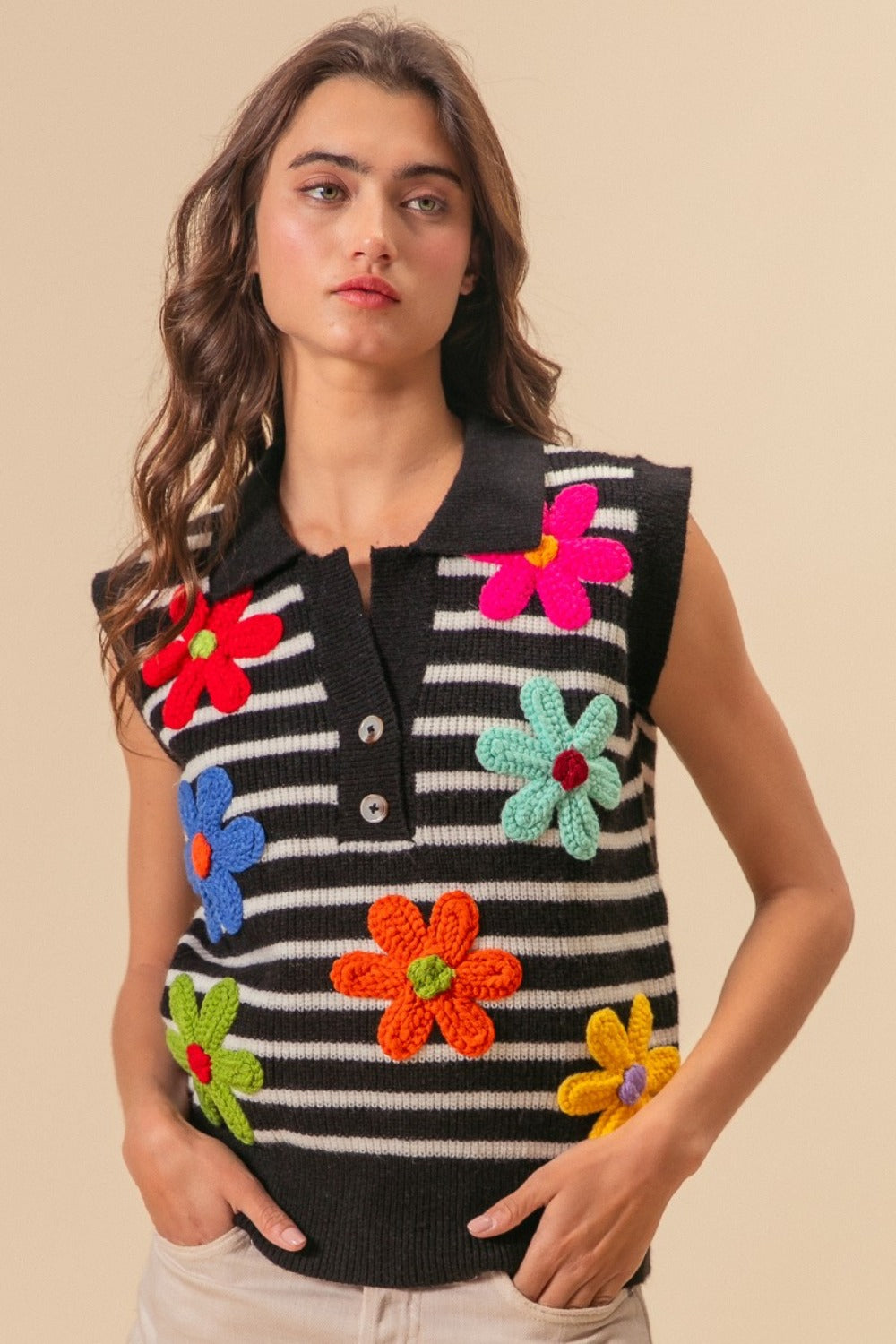 BiBi Flower Patch Striped Half Button Sweater Vest Shirt Apparel BiBi Clothing Tops Ship from USA Shirts USA Women Trendsi https://www.cyberehub.com