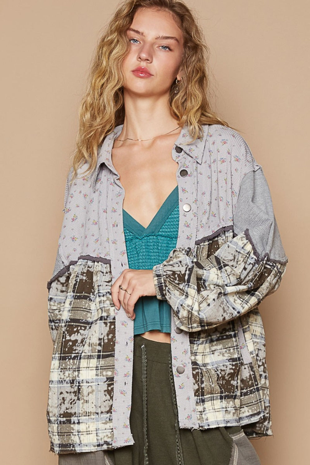 POL Balloon Sleeve Floral Color Block Plaid Shirt Brown Grey Tops/Jackets/Sweaters Clothing Tops POL Ship from USA TikTok Trendsi USPS Walmart Trendsi https://www.cyberehub.com