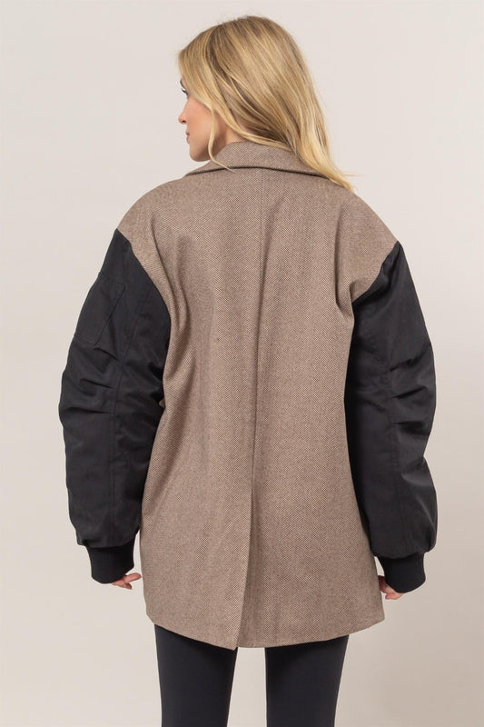 HYFVE Herringbone Mixed Media Contrast Long Sleeve Blazer Shirt Apparel Clothing Tops HYFVE Ship from USA Shirts USA Women Trendsi https://www.cyberehub.com