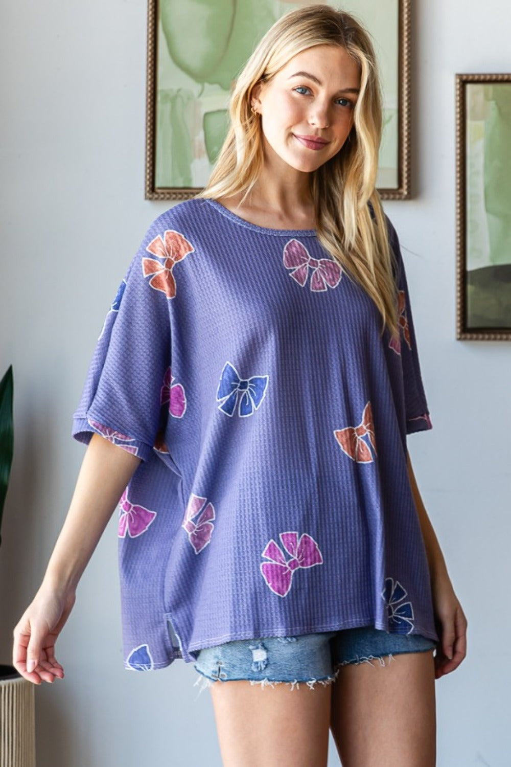 HOPELY Bow Print Waffle Side Slit T-Shirt Tops/Jackets/Sweaters Clothing Tops HOPELY Ship from USA TikTok Trendsi USPS Walmart Trendsi https://www.cyberehub.com