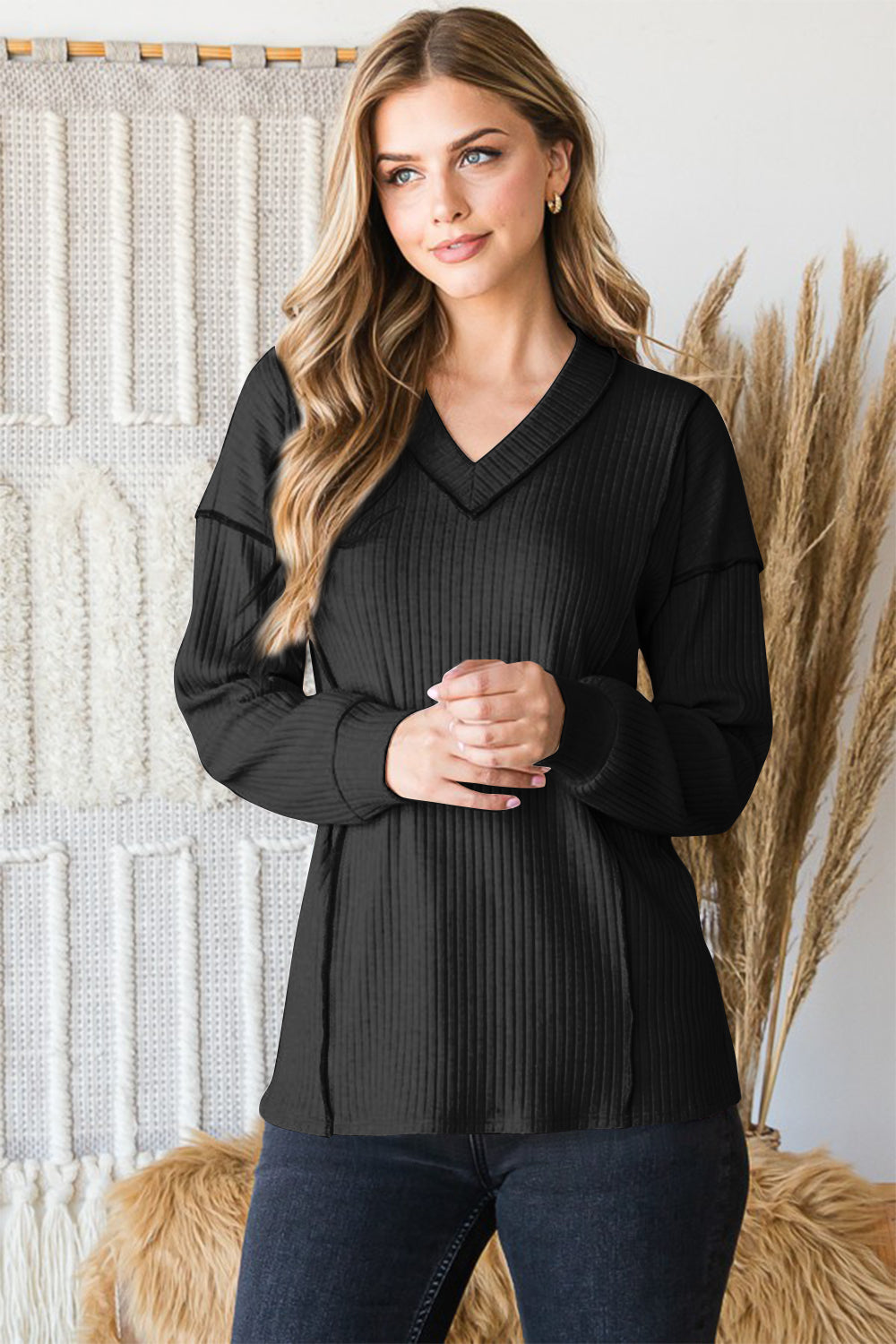 Heimish Full Size Ribbed V-Neck Exposed Seam Top Apparel/Tops Heimish Ship from USA TikTok Tops Trendsi USPS Walmart Walmart Apparel Trendsi https://www.cyberehub.com