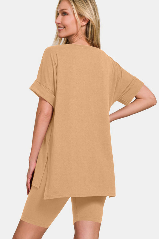 Zenana V-Neck Short Sleeve T-Shirt and Biker Shorts Set Tops/Jackets/Sweaters Clothing Tops Ship from USA TikTok Trendsi USPS Walmart Zenana Trendsi https://www.cyberehub.com