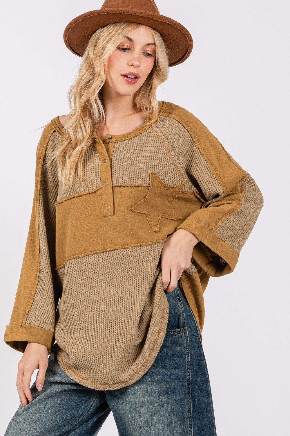 SAGE + FIG Star Applique Patch Exposed Seam Waffle Knit Top Shirt Apparel Clothing Tops SAGE+FIG Ship from USA Shirts USA Women Trendsi https://www.cyberehub.com