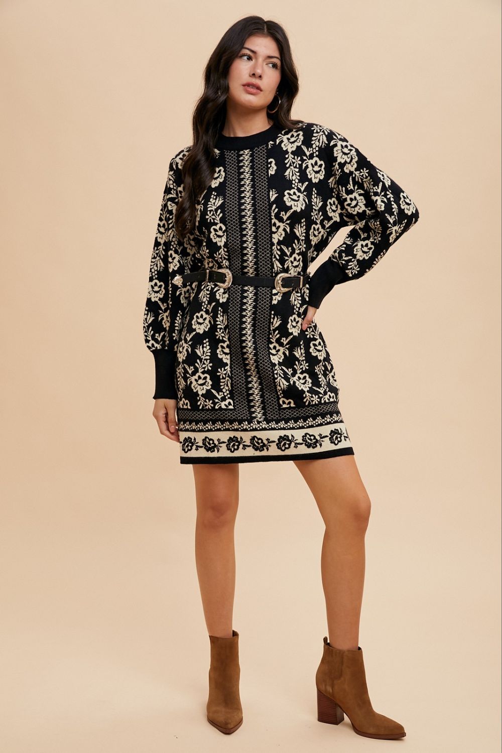 Annie Wear Floral Jacquard Round Neck Sweater Dress Apparel Annie Wear Apparel Ship from USA TikTok Trendsi Trendsi https://www.cyberehub.com