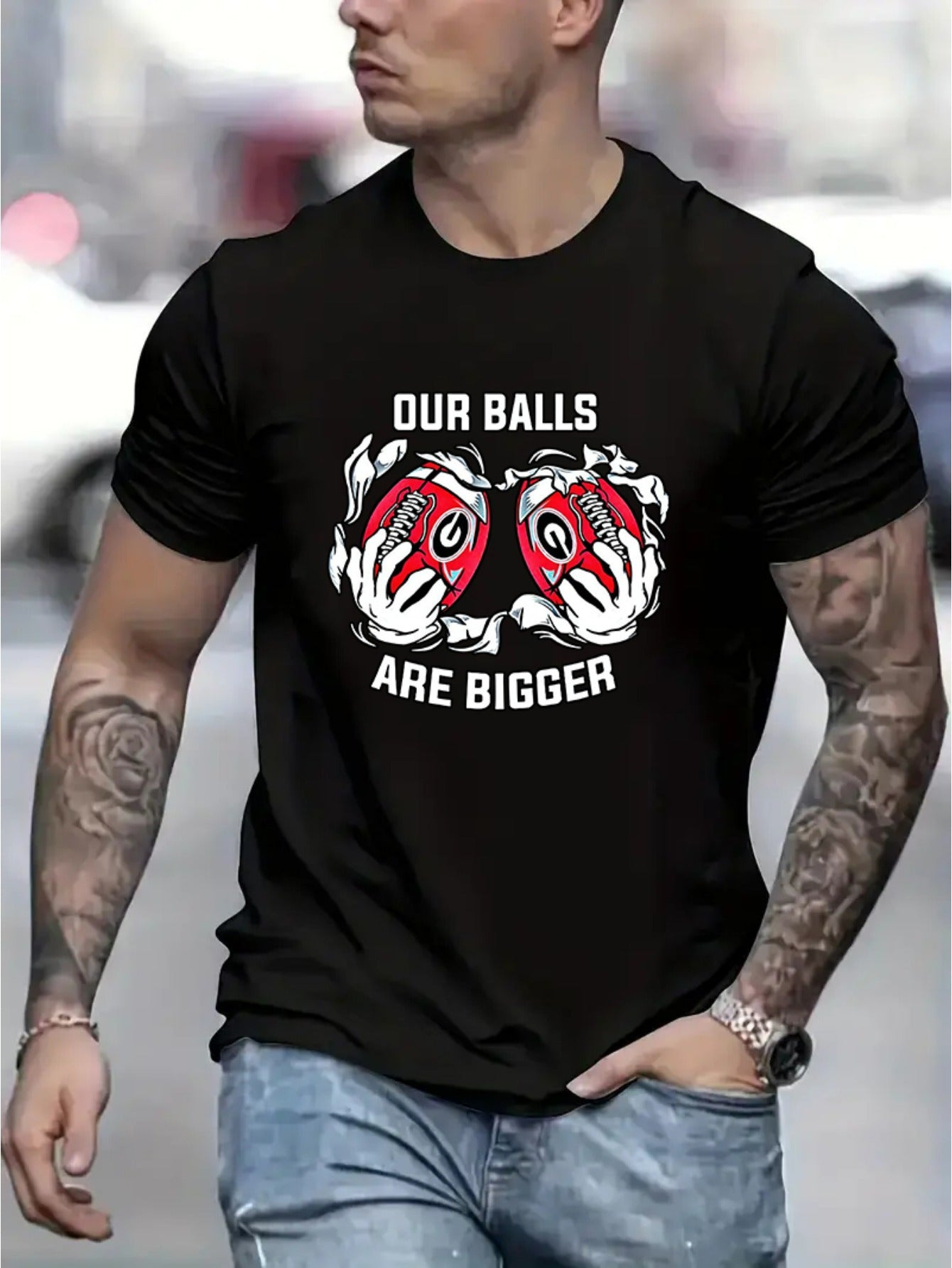 Our Ball Is A Larger Graphic Men's Short Sleeved T-shirt, Comfortable Stretch Summer Fashion T-shirt, Casual Daily Style Fashion Clothing Apparel/Shirt/Graphic Shirt SNULLO https://www.cyberehub.com