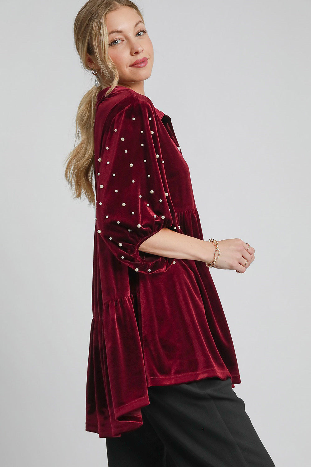 Umgee Pearl Detail Collared Neck Velvet Babydoll Blouse Apparel/Tops Ship from USA TikTok Tops Trendsi Umgee USA USPS Walmart Walmart Apparel Trendsi https://www.cyberehub.com