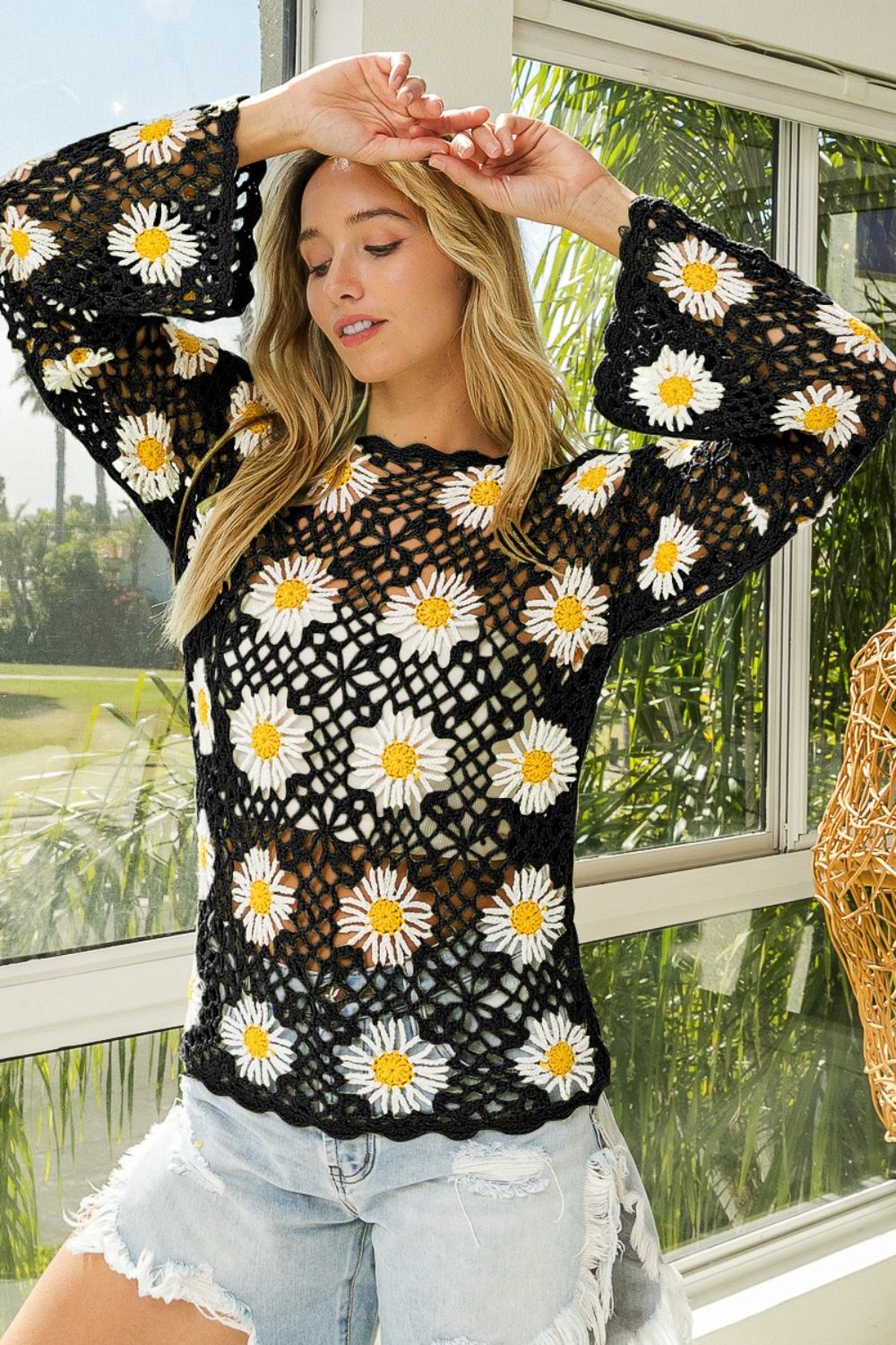BiBi Floral Crochet Net Lace Cover Up Black Shirt Apparel BiBi Clothing Tops Ship from USA Shirts USA Women Trendsi https://www.cyberehub.com