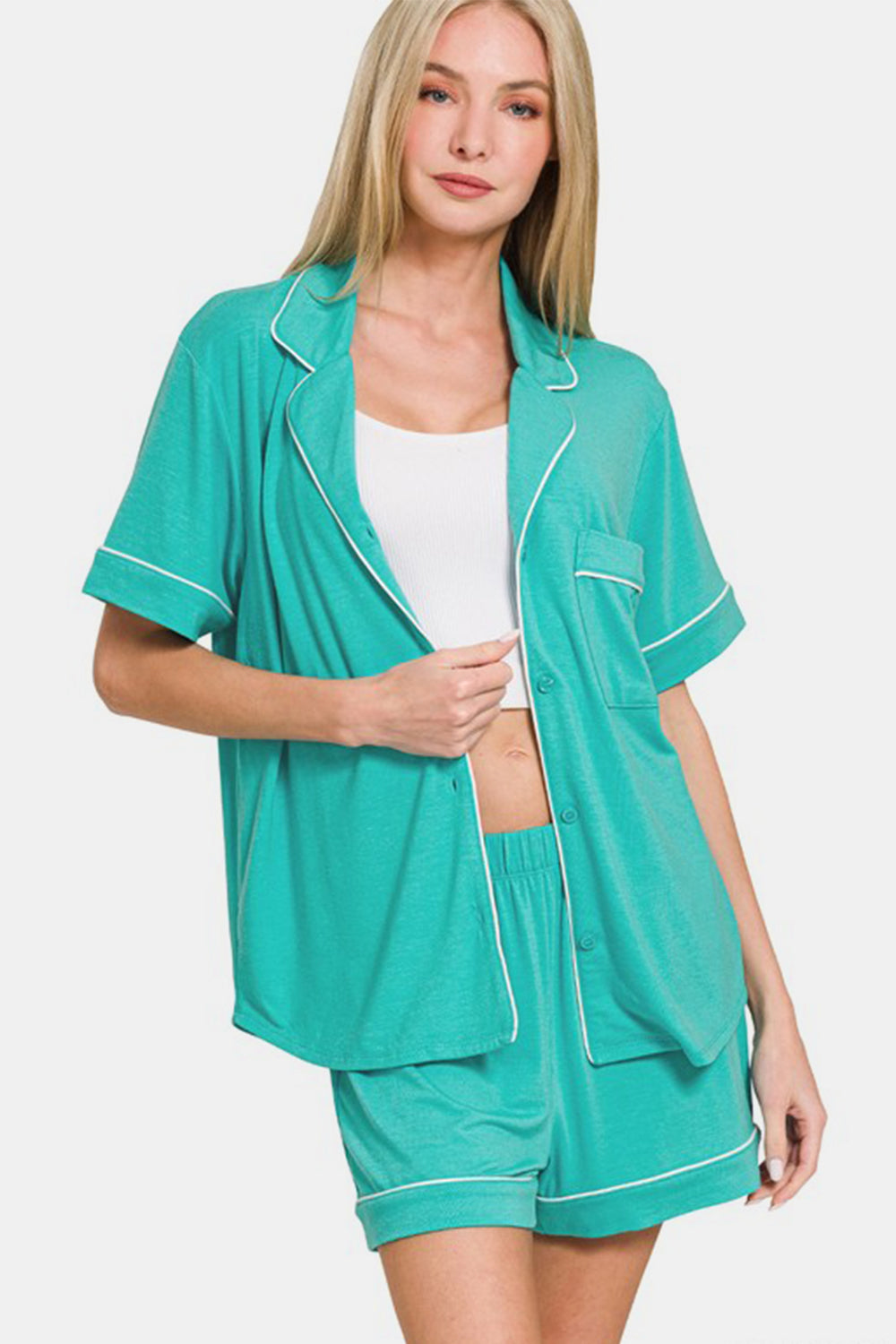 Zenana Button Down Short Sleeve Top and Shorts Lounge Set Apparel Apparel Out of stock Ship from USA TikTok Trendsi Zenana Trendsi https://www.cyberehub.com