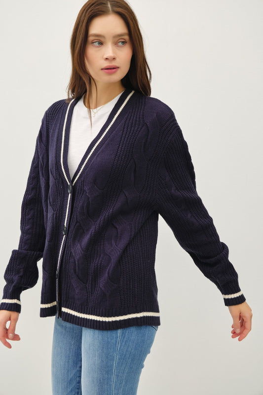Be Cool Contrast Trim Cable-Knit V-Neck Cardigan Tops/Jackets/Sweaters BE COOL Clothing Tops Ship from USA TikTok Trendsi USPS Walmart Trendsi https://www.cyberehub.com