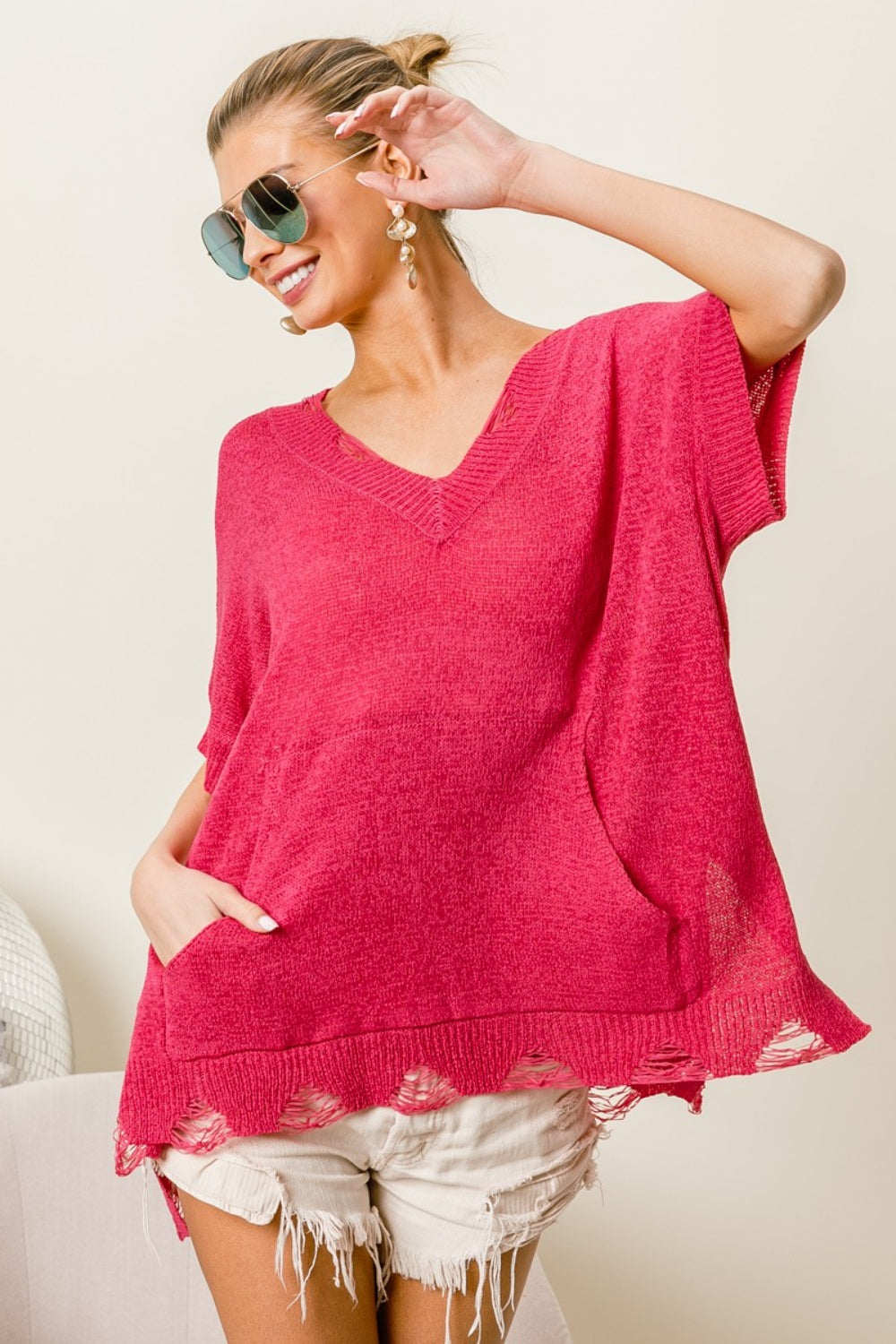 BiBi Distressed Hem V-Neck Slit Sweater Fuchsia Tops/Jackets/Sweaters BiBi Clothing Tops Memorial Day Sale Ship from USA TikTok Trendsi USPS Walmart Trendsi https://www.cyberehub.com