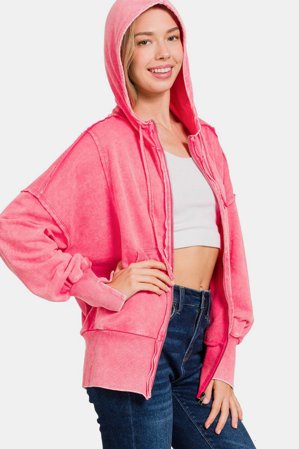 Zenana Acid Washed French Terry Zip-Up Hoodie with Pockets Shirt Apparel Clothing Tops Ship from USA Shirts USA Women Zenana Trendsi https://www.cyberehub.com