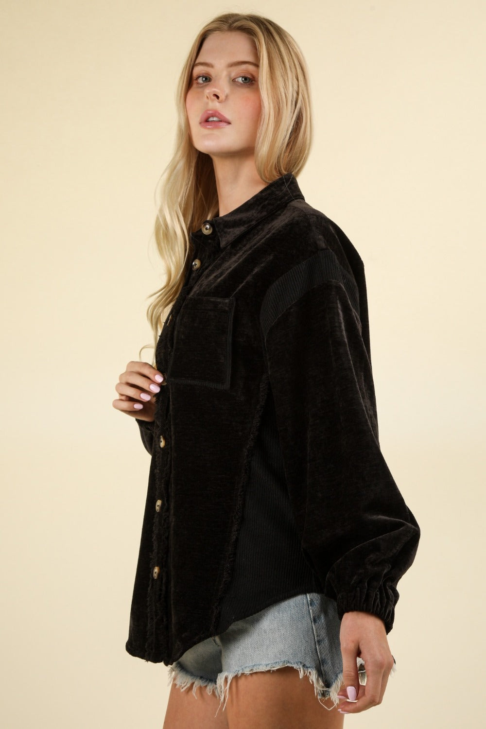 VERY J Mixed Media Button Down Raw Hem Shacket Shirt Apparel Clothing Tops price-change-job-active Ship from USA Shirts USA VERY J Women Trendsi https://www.cyberehub.com