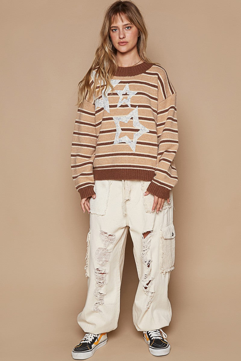 POL Star Patch Stripe Round Neck Sweater Tops/Jackets/Sweaters Clothing Tops POL Ship from USA TikTok Trendsi USPS Walmart Trendsi https://www.cyberehub.com