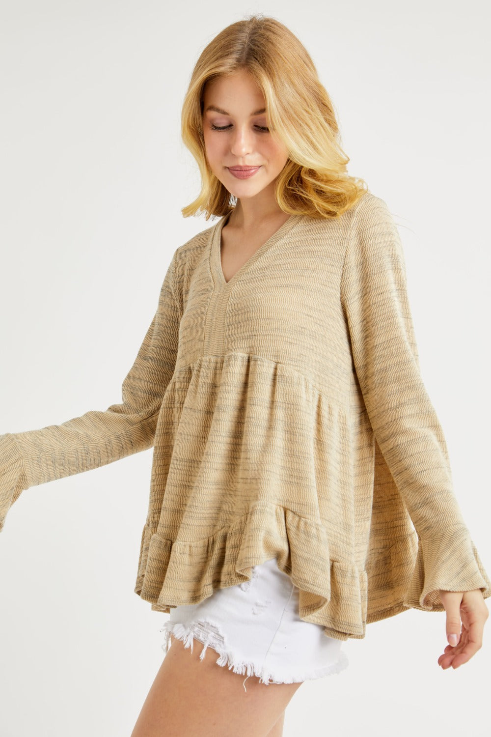 Hailey & Co V-Neck Flounce Sleeve Knit Top Shirt Apparel Clothing Tops Hailey & Co Ship from USA Shirts USA Women Trendsi https://www.cyberehub.com