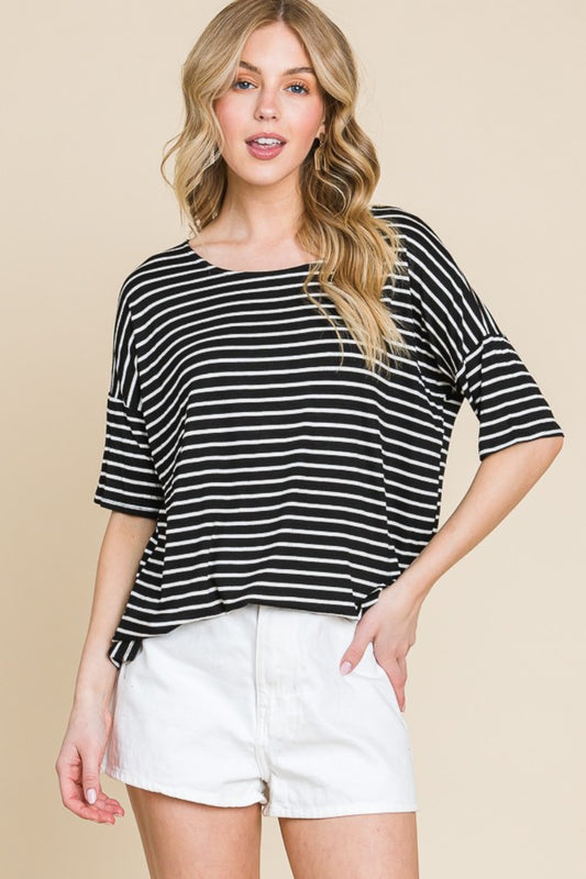 BOMBOM Striped Round Neck T-Shirt Apparel/Tops BOMBOM Ship from USA TikTok Tops Trendsi USPS Walmart Walmart Apparel Trendsi https://www.cyberehub.com