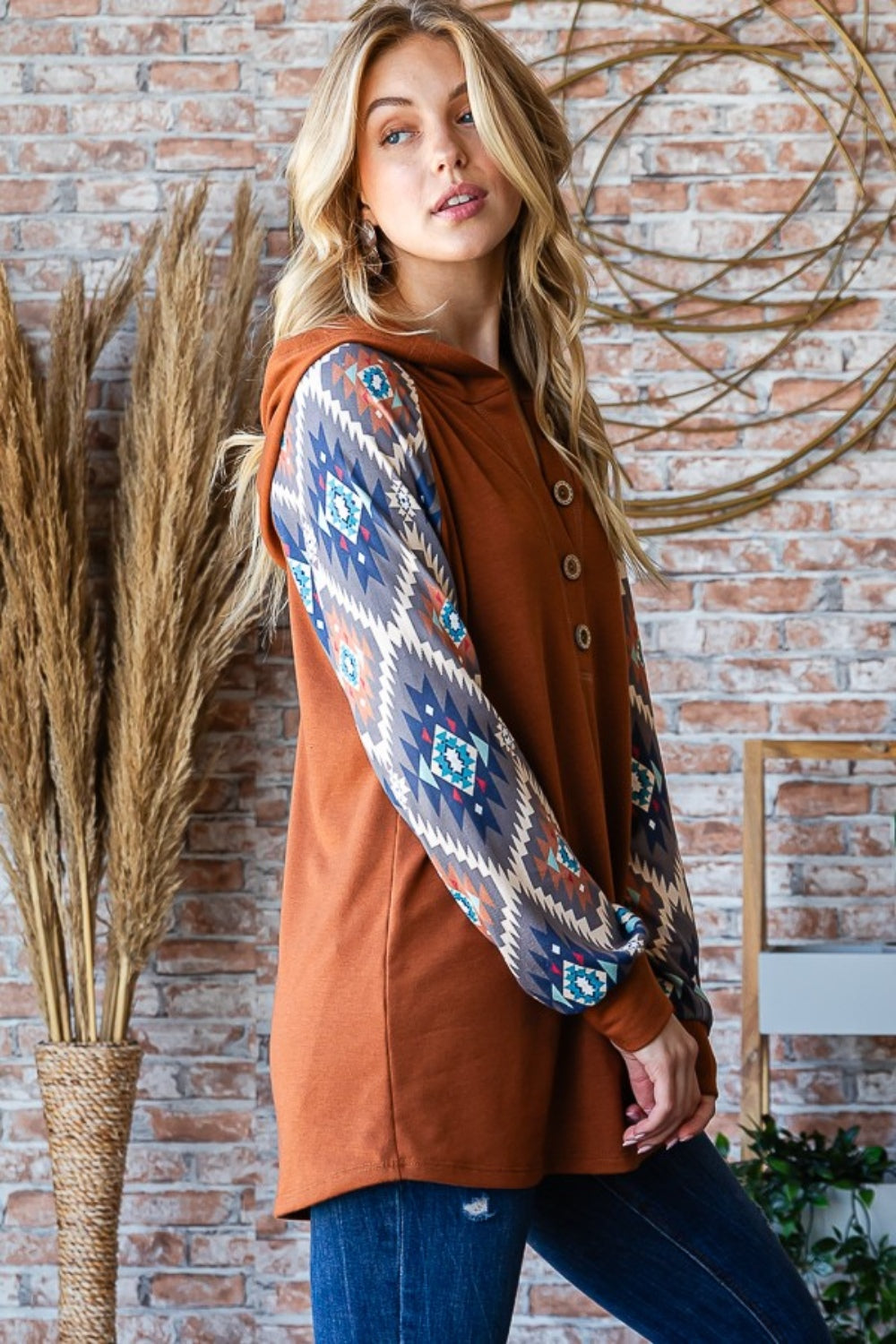Heimish Full Size Half Button Printed Long Sleeve Hooded Top Tops/Jackets/Sweaters Clothing Tops Heimish Ship from USA TikTok Trendsi USPS Walmart Trendsi https://www.cyberehub.com
