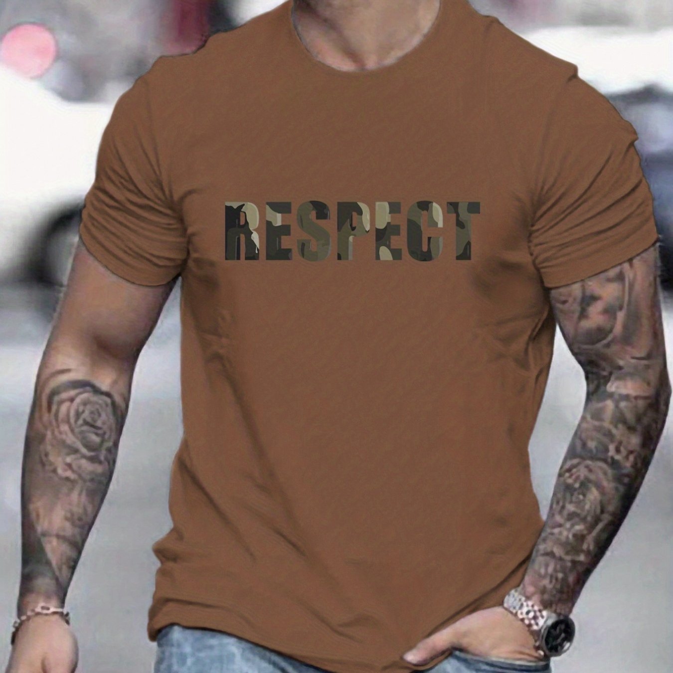 Letter RESPECT Pattern Printed Men's T-shirt, Patterned T-shirt Men's Summer Clothing, Men's Clothing Earthy yellow Apparel/Shirt/Graphic Shirt SNULLO https://www.cyberehub.com