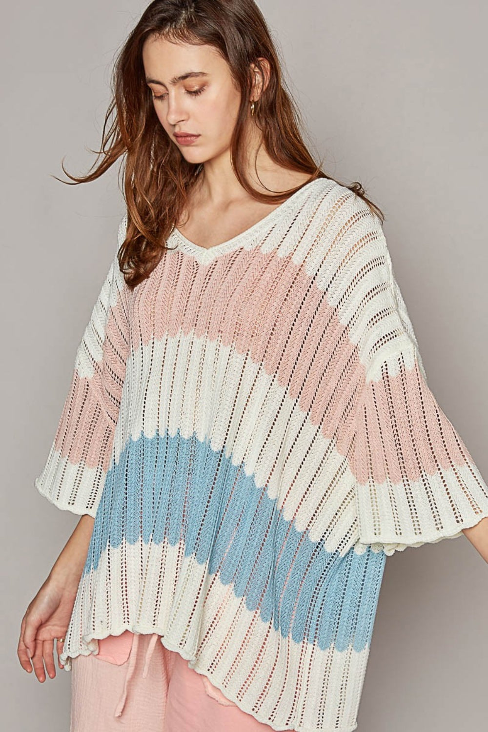 POL V-Neck Short Sleeve Stripe Weave Sweater Shirt Apparel Clothing Tops POL Ship from USA Shirts USA Women Trendsi https://www.cyberehub.com