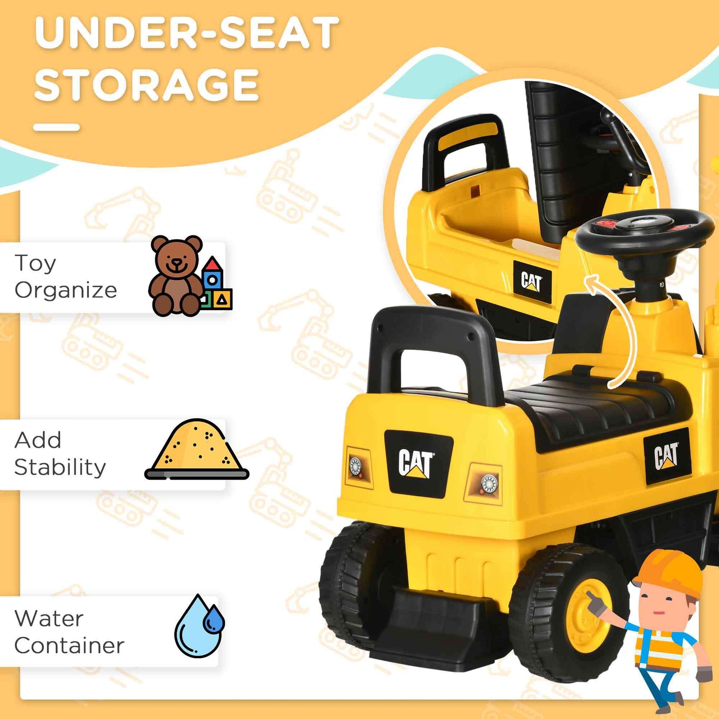 Aosom Excavator Ride on Toy, CAT Licensed Kids Manual Pedal Ride on Excavator with Manual Shovel, Horn, Hidden Storage for 18-36 Months Boys and Girls, Yellow Car Giga GNJ Toys Walmart Giga https://www.cyberehub.com