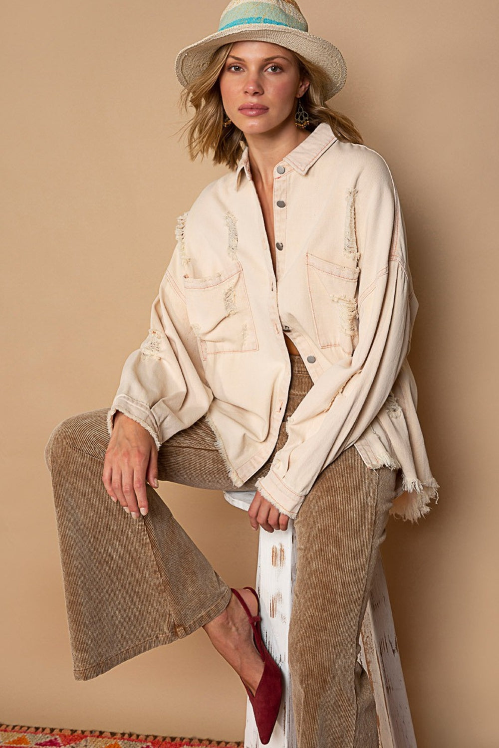 POL Button Down Raw Hem Distressed Shacket Pink Beige Shirt Apparel Clothing Tops POL Ship from USA Shirts USA Women Trendsi https://www.cyberehub.com