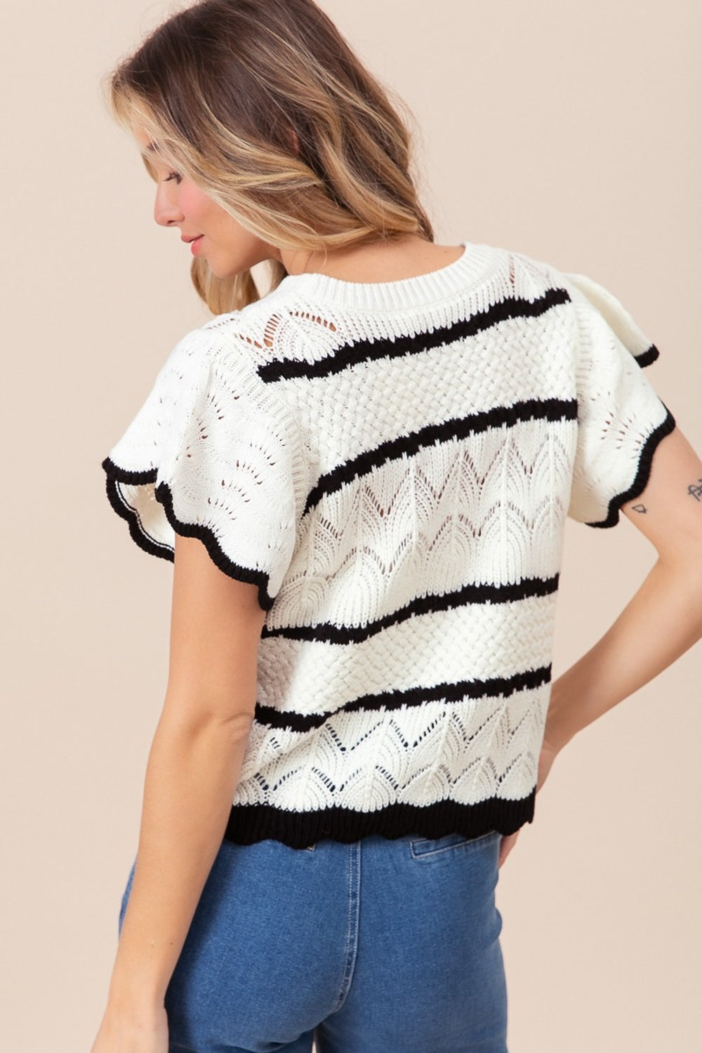 BiBi Pointelle Contrast Striped Short Sleeve Knit Top Shirt Apparel BiBi Clothing Tops Ship from USA Shirts USA Women Trendsi https://www.cyberehub.com