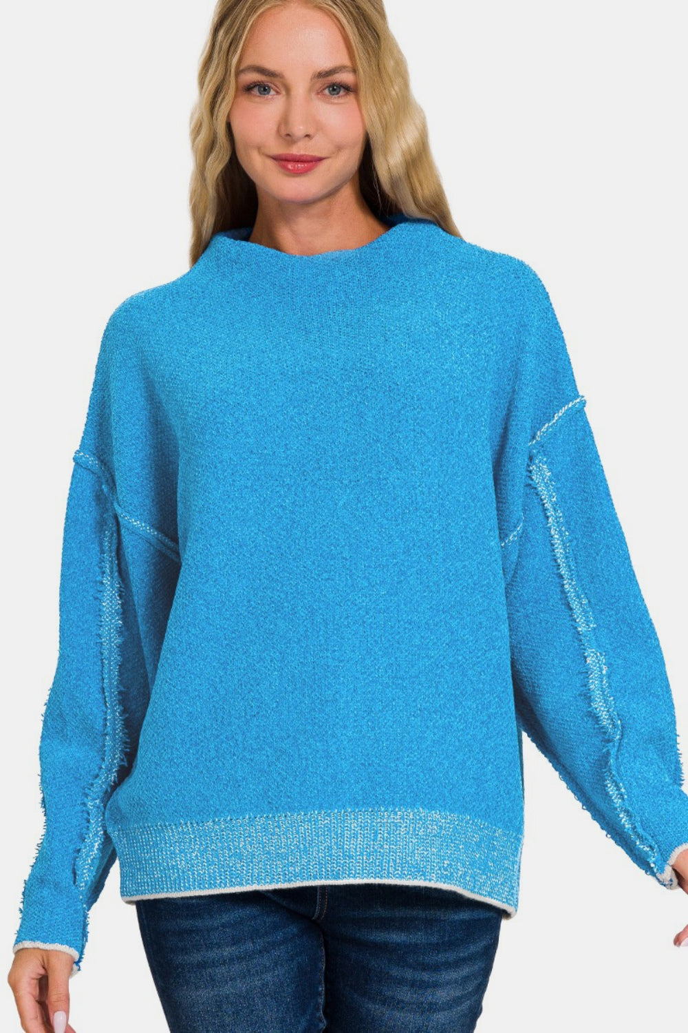 Zenana Exposed Seam Mock Neck Long Sleeve Sweater Shirt Apparel Clothing Tops price-change-job-active Ship from USA Shirts USA Women Zenana Trendsi https://www.cyberehub.com