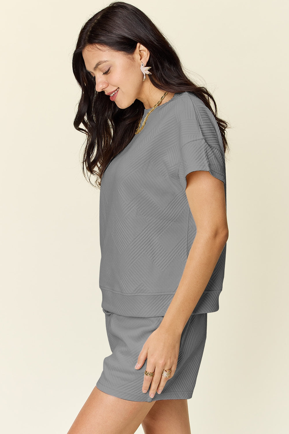 Double Take Full Size Texture Short Sleeve T-Shirt and Drawstring Shorts Set Apparel/Tops Double Take Ship from USA TikTok Tops Trendsi USPS Walmart Walmart Apparel Trendsi https://www.cyberehub.com
