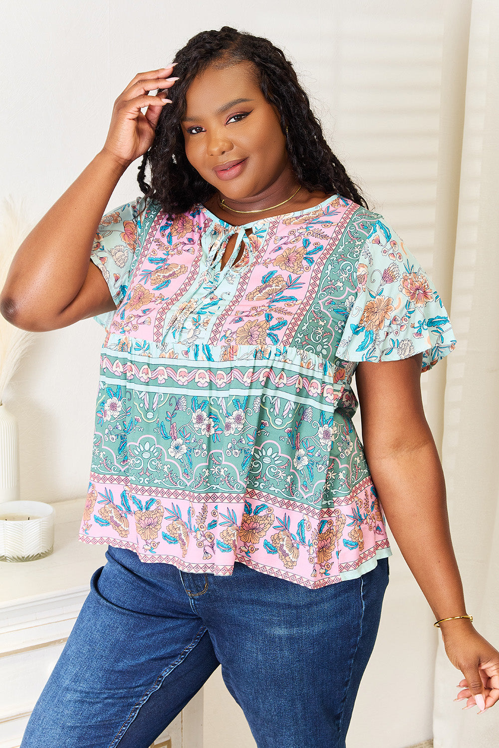 Perfee Floral Tie Neck Short Sleeve Blouse Apparel/Tops Hundredth Ship from USA TikTok Tops Trendsi USPS Walmart Walmart Apparel Trendsi https://www.cyberehub.com