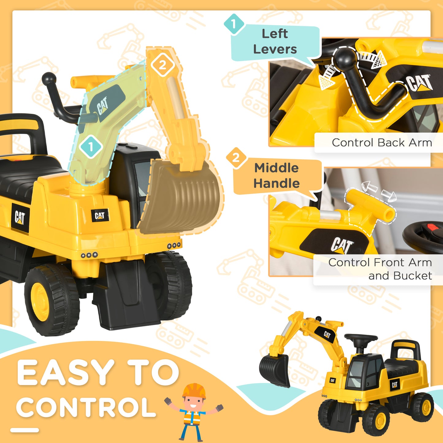 Aosom Excavator Ride on Toy, CAT Licensed Kids Manual Pedal Ride on Excavator with Manual Shovel, Horn, Hidden Storage for 18-36 Months Boys and Girls, Yellow Car Giga GNJ Toys Walmart Giga https://www.cyberehub.com