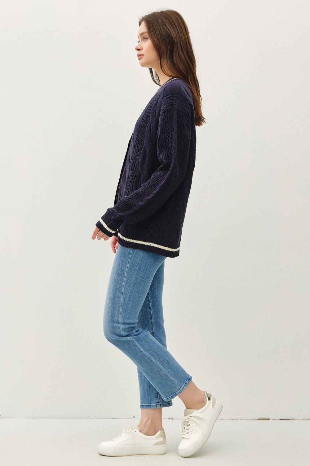 Be Cool Contrast Trim Cable-Knit V-Neck Cardigan Tops/Jackets/Sweaters BE COOL Clothing Tops Ship from USA TikTok Trendsi USPS Walmart Trendsi https://www.cyberehub.com