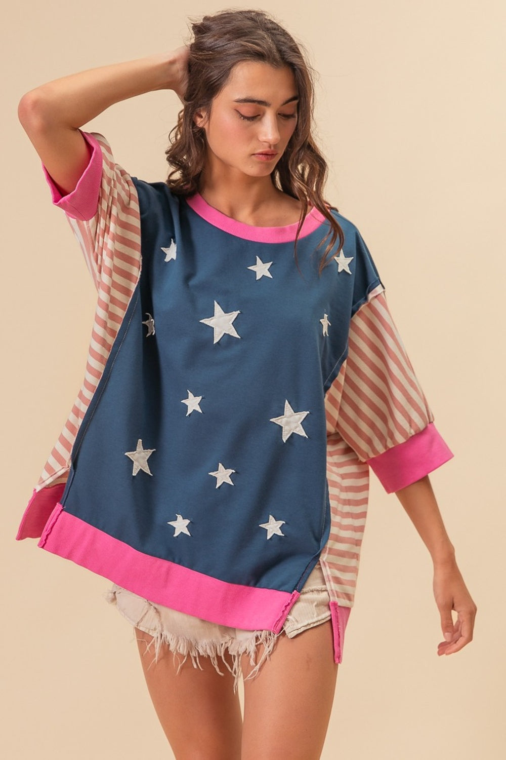 BiBi US Flag Theme Color Block Star Patch T-Shirt Apparel/Tops BiBi Ship from USA TikTok Tops Trendsi USPS Walmart Walmart Apparel Trendsi https://www.cyberehub.com