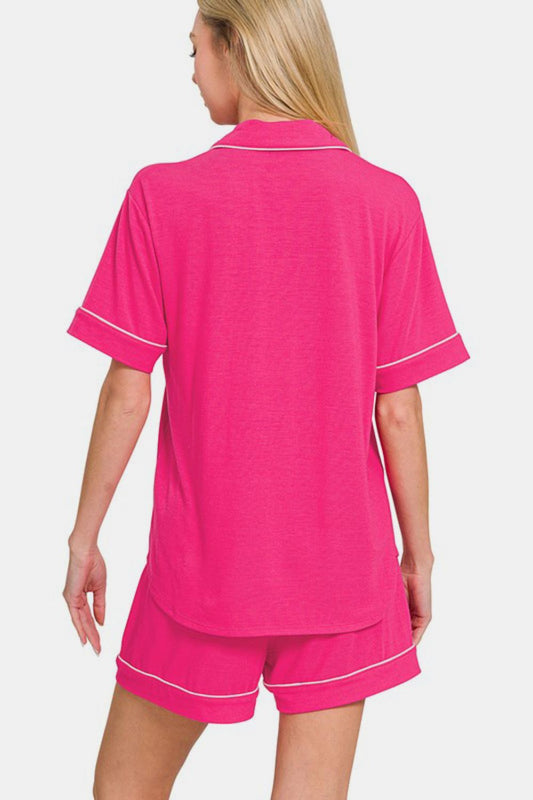 Zenana Button Down Short Sleeve Top and Shorts Lounge Set Apparel Apparel Ship from USA TikTok Trendsi Zenana Trendsi https://www.cyberehub.com