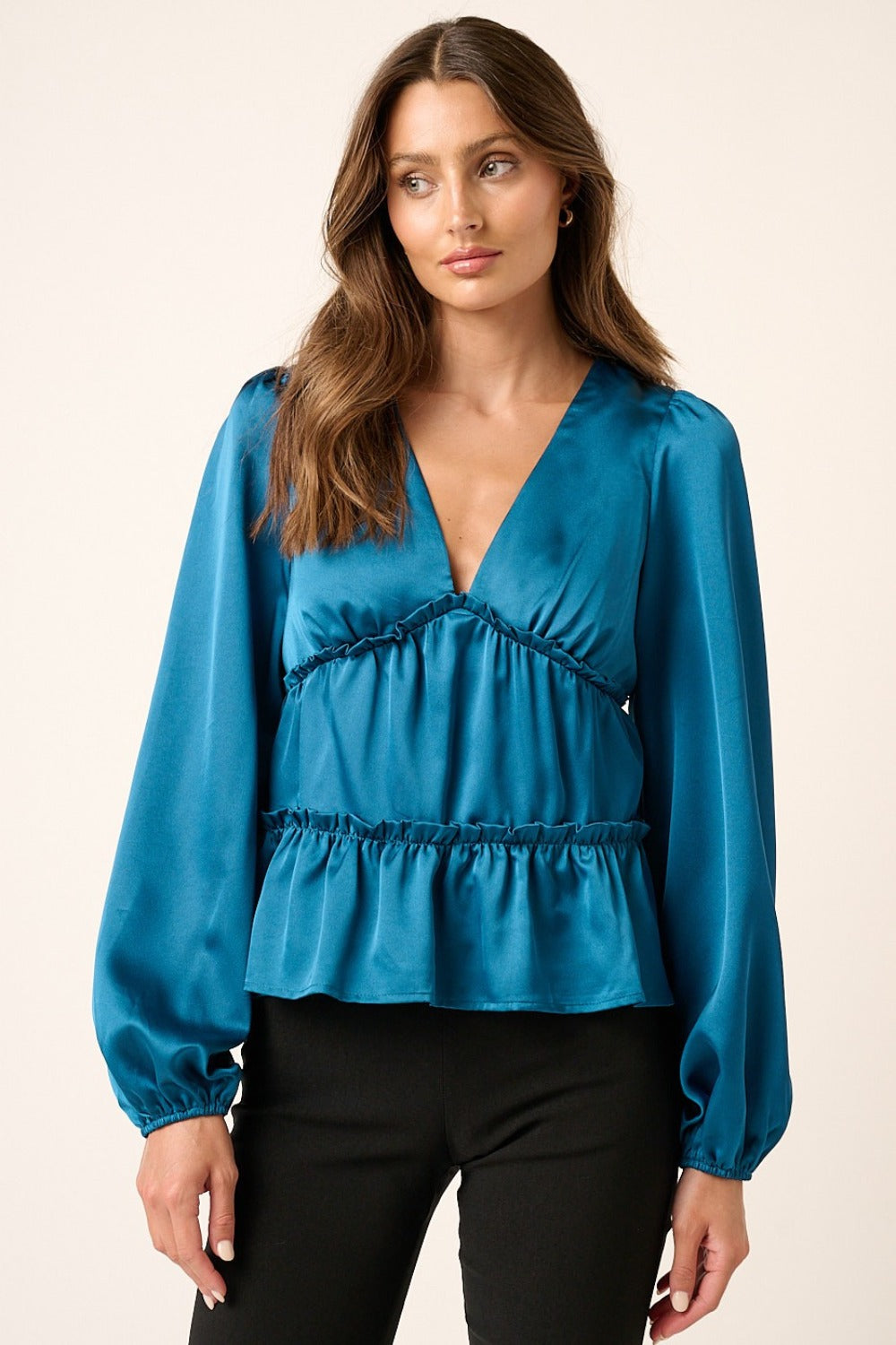 Mittoshop Satin V Neck Ruffled Tier Blouse Teal Tops/Jackets/Sweaters Clothing Tops Mittoshop Ship from USA TikTok Trendsi USPS Walmart Trendsi https://www.cyberehub.com