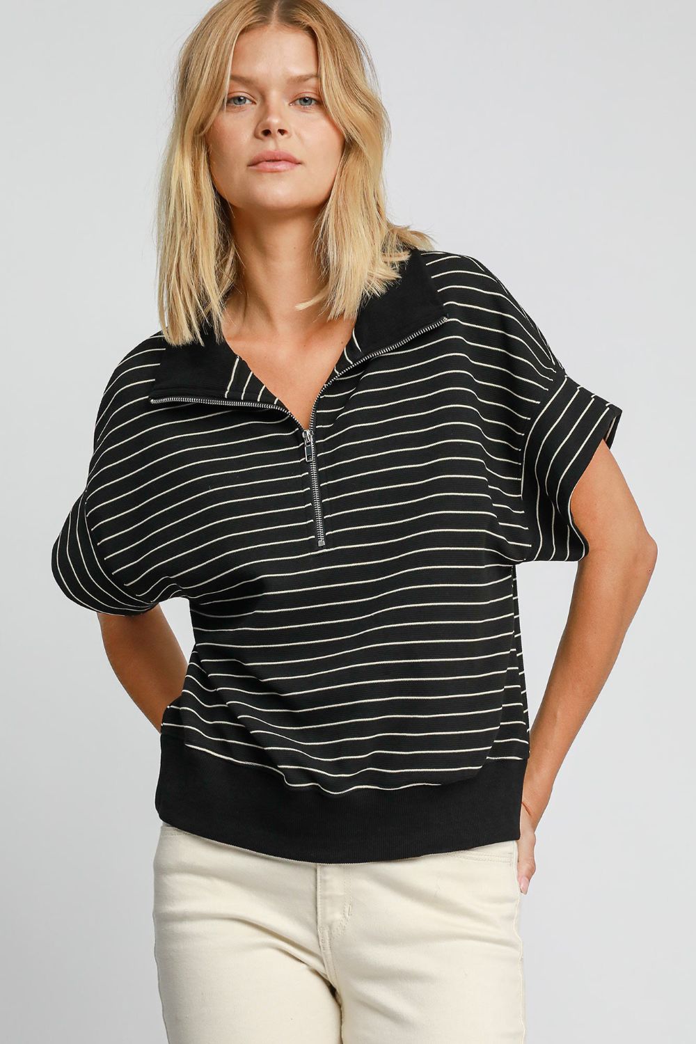 Umgee Striped Half Zip Short Sleeve Sweatshirt Black Apparel/Tops Ship from USA TikTok Tops Trendsi Umgee USA USPS Walmart Walmart Apparel Trendsi https://www.cyberehub.com