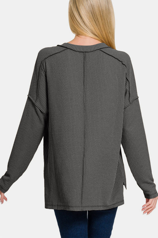 Zenana Texture Exposed Seam V-Neck Long Sleeve T-Shirt Apparel/Tops Ship from USA TikTok Tops Trendsi USPS Walmart Walmart Apparel Zenana Trendsi https://www.cyberehub.com