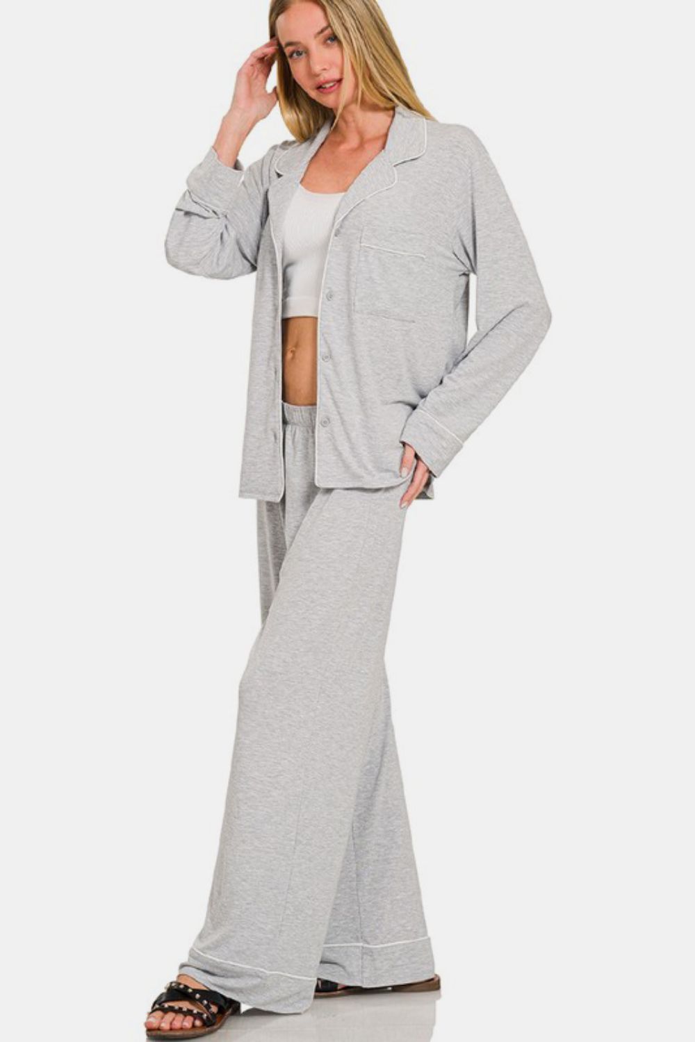 Zenana Button Down Long Sleeve Top and Pants Lounge Set Apparel Apparel Ship from USA TikTok Trendsi Zenana Trendsi https://www.cyberehub.com