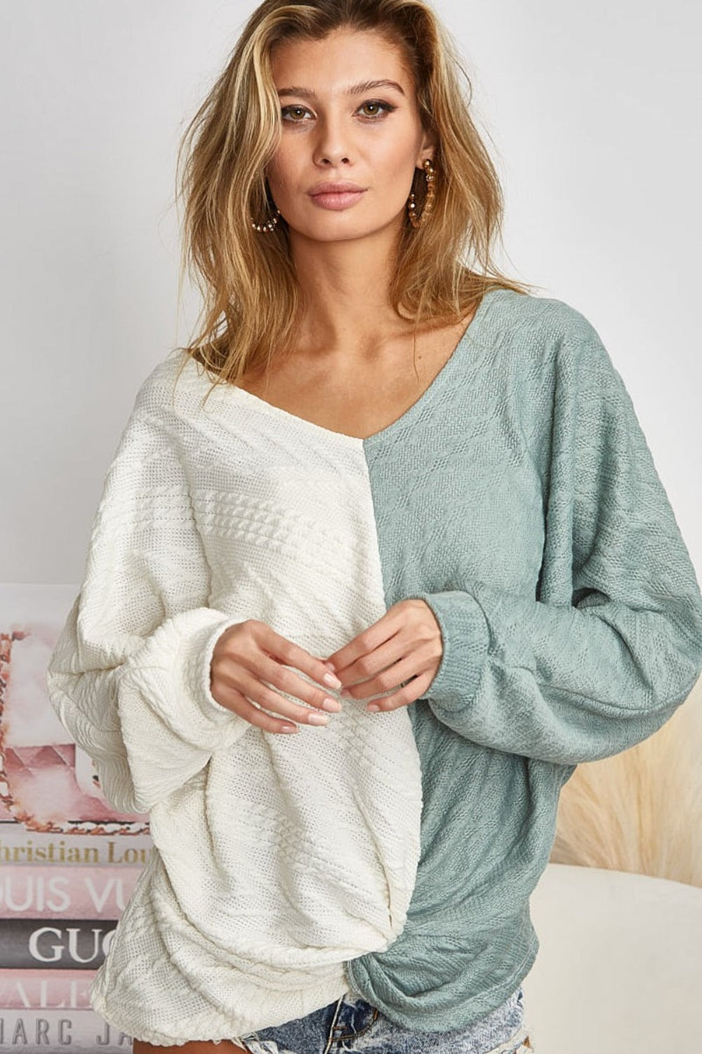 BiBi Twist Front Contrast Cable Knit Top Shirt Apparel BiBi Clothing Tops Ship from USA Shirts USA Women Trendsi https://www.cyberehub.com