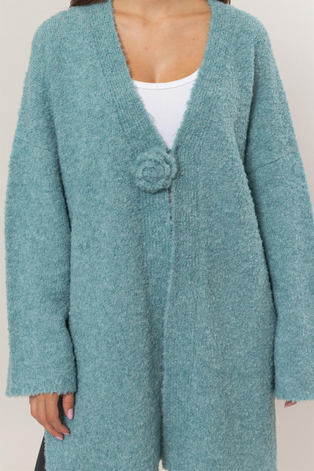 HYFVE Front Rosette Longline Slit Sweater Cardigan Shirt Apparel Clothing Tops HYFVE Ship from USA Shirts USA Women Trendsi https://www.cyberehub.com