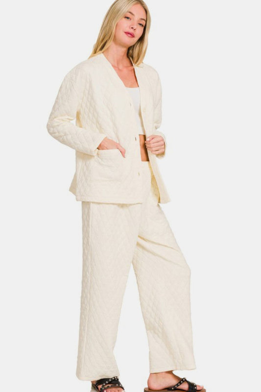 Zenana Quilted Button Up Long Sleeve Top and Pants Lounge Set Apparel Apparel Ship from USA TikTok Trendsi Zenana Trendsi https://www.cyberehub.com