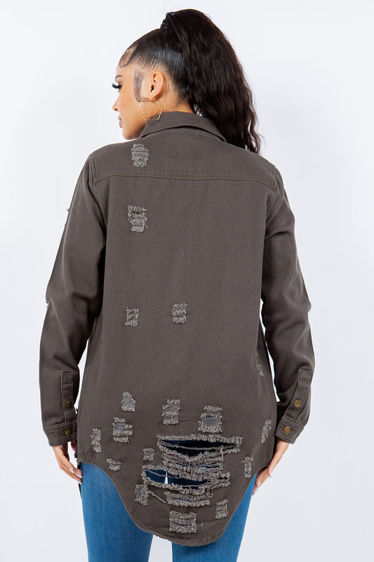 American Bazi Distressed Button Up Long Sleeve Denim Jacket Tops/Jackets/Sweaters American Bazi Clothing Tops Ship from USA TikTok Trendsi USPS Walmart Trendsi https://www.cyberehub.com