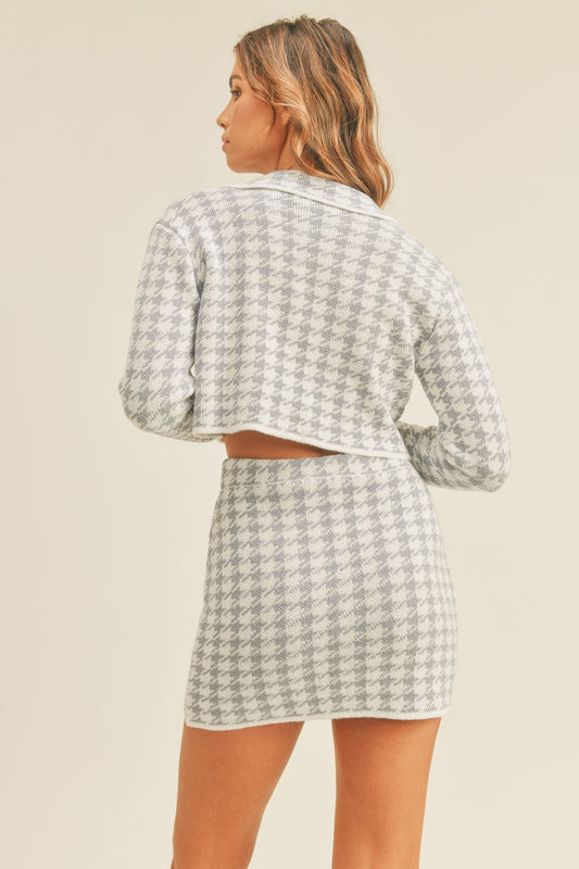 MABLE Houndstooth Cropped Knit Cardigan and Mini Skirt Set Shirt Apparel Clothing Tops MABLE Ship from USA Shirts USA Women Trendsi https://www.cyberehub.com