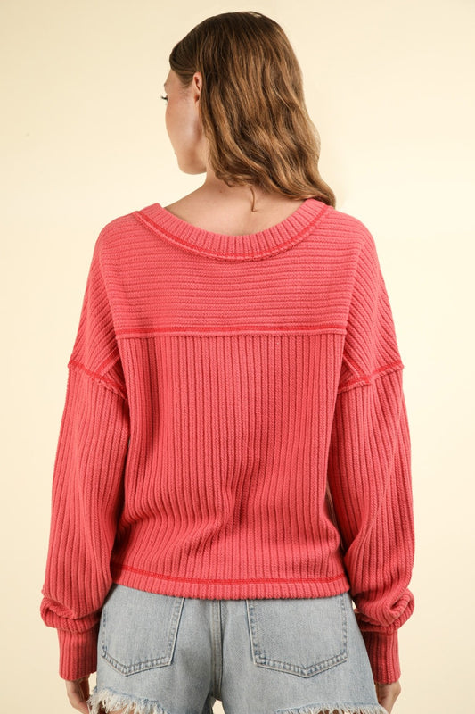 VERY J Exposed Seam V-Neck Ribbed Knit Top Shirt Apparel Clothing Tops Ship from USA Shirts USA VERY J Women Trendsi https://www.cyberehub.com