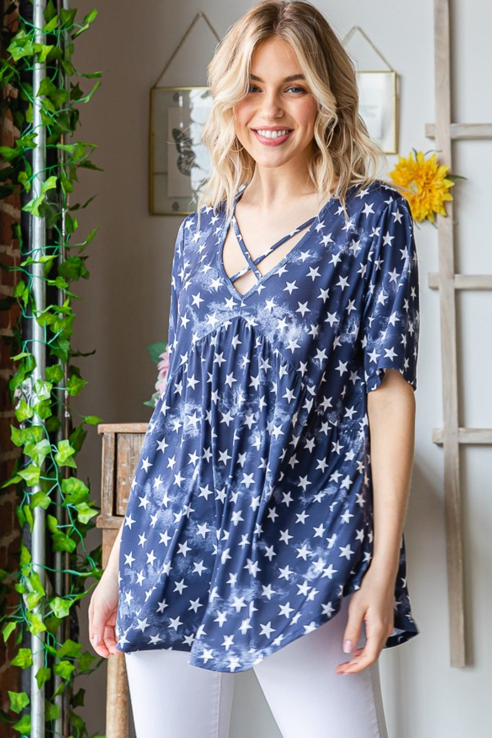 Heimish Full Size Short Sleeve Crisscross Star Babydoll Top Apparel/Tops Heimish Ship from USA TikTok Tops Trendsi USPS Walmart Walmart Apparel Trendsi https://www.cyberehub.com